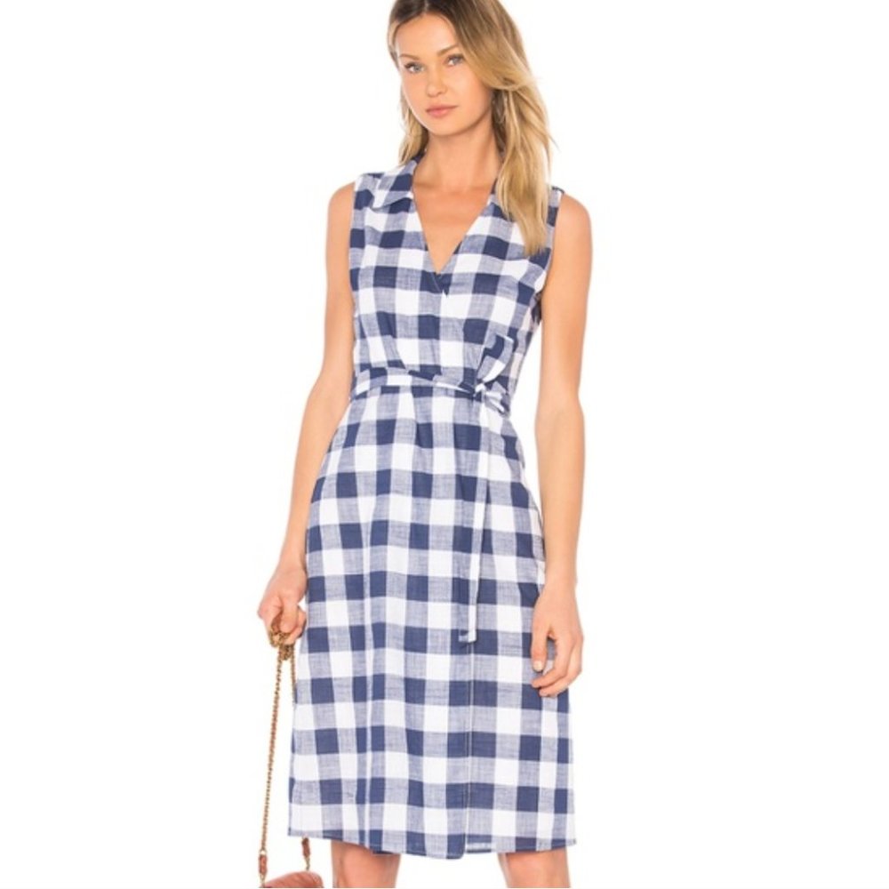NWOT Revolve L'Academie Blue Gingham Sleeveless Wrap Dress